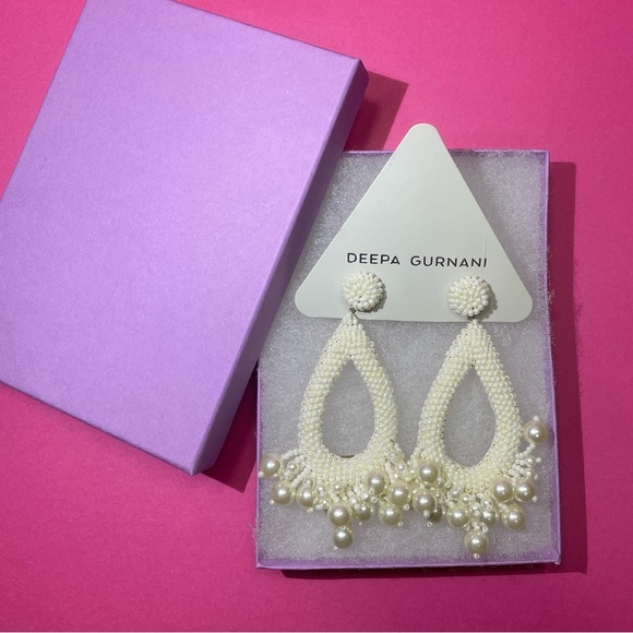 NWT Antropologie Deepa Gurnani Ivory Beaded Hoop Earrings with Pearl Tassels - Picture 8 of 10